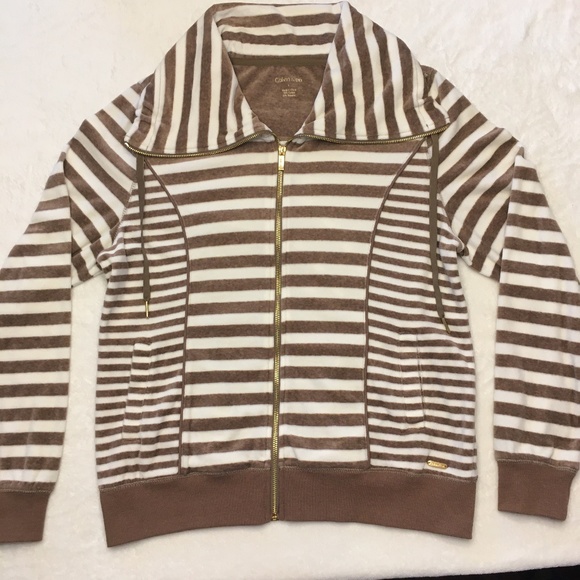 Calvin Klein Tan/Cream Striped Velour Jacket - Picture 1 of 7